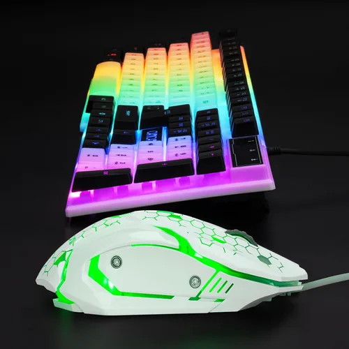 Vista 6 de CHONCHOW Combo de teclado y mouse para juegos, arco iris, retroiluminado, luz ambiental, caracteres iluminados, USB con cable, ratones, compatible