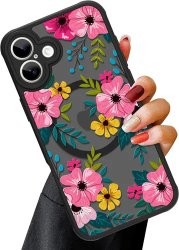 Vista 117 de OOK Funda magnética para iPhone 13 Pro Max [compatible con MagSafe] Funda delgada translúcida mate con flor silvestre negra, protección para lente