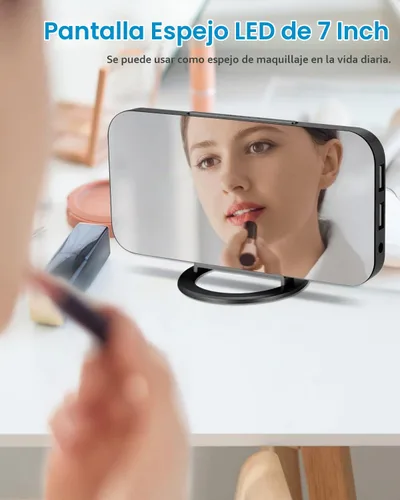 Vista 4 de Reloj despertador digital, relojes electrónicos con espejo LED de 7 pulgadas, con 2 puertos de carga USB, modo de suspensión, ajuste automático