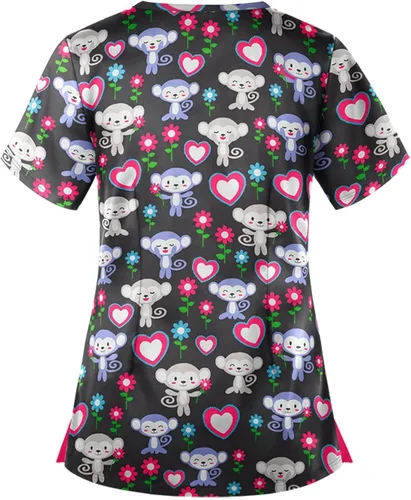 Vista 2 de Ropa quirúrgica para mujer, estampado de manga corta, cuello en V, uniforme de lactancia, divertido estampado de vacaciones