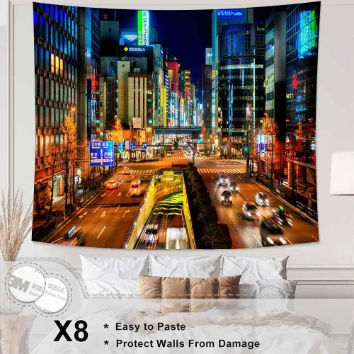 Vista 2 de Aidatain Tapiz de ciudad japonesa, paisaje urbano de Japón, tapiz de pared, tapiz de escena nocturna de Tokio, tamaño 84 x 90 pulgadas, tapices