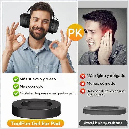 Vista 3 de Gel Ear Pad Bluetooth Hearing Protection Headphones, 30dB SNR, 120H Playtime, Safety Earmuffs for Mowing, Landscaping
