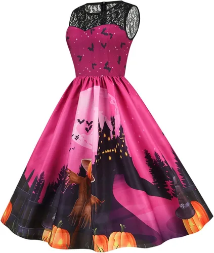 Vista 3 de Vestido de Halloween para mujer, cuello redondo, sin mangas, encaje, retro, delgado, dobladillo grande, 2022