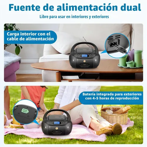 Vista 3 de Reproductor de CD y Cinta Combo, Hernpark Boombox Recargable con Bluetooth 5.1, Grabación de Cinta, Radio FM, Super Bass, Sonido Estéreo, Entrada