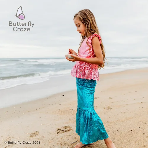 Vista 7 de Butterfly Craze Little Girl's Mermaid Costume, TopDress with Skirt - Perfect for Birthday Parties, Halloween, School Fairs