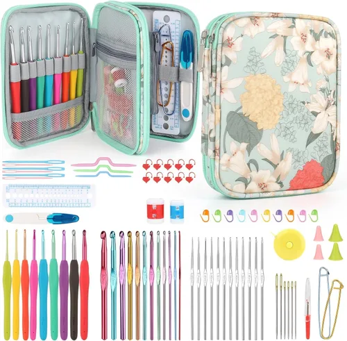 Vista 13 de Katech - Kit de ganchos de ganchillo con estuche, juego de 85 piezas de ganchillo, ganchos ergonómicos para tejer, agujas de tejer, kits de hilo