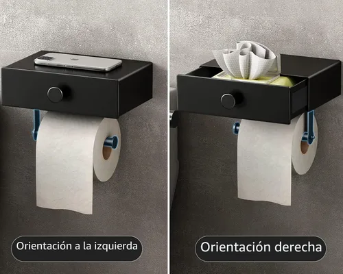 Vista 4 de VOLDRA Soporte de papel higiénico con estante negro dispensador de toallitas para baño Soporte de papel higiénico con cajón de diseño