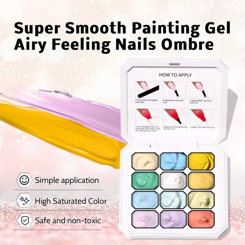Vista 3 de Paleta de Esmalte de Uñas en Gel Sponge Pat, 12 Colores para Mezclar Ombré Degradado, Pintura Degradada para Arte de Uñas, Sin Limpieza, Curado