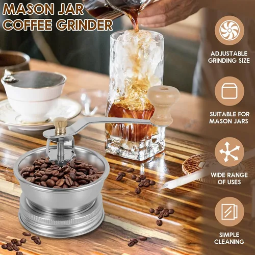 Vista 2 de Molinillo de café con mango de manivela, accesorio de tapa manual para tarros Mason de boca ancha, molinillo de granos de café a mano, molinillo
