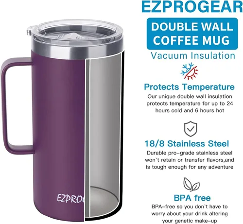 Vista 9 de Ezprogear Taza de café de acero inoxidable de 32 onzas, vaso de doble pared aislado al vacío con asa, tapa y pajitas (32 onzas, violeta brillante)