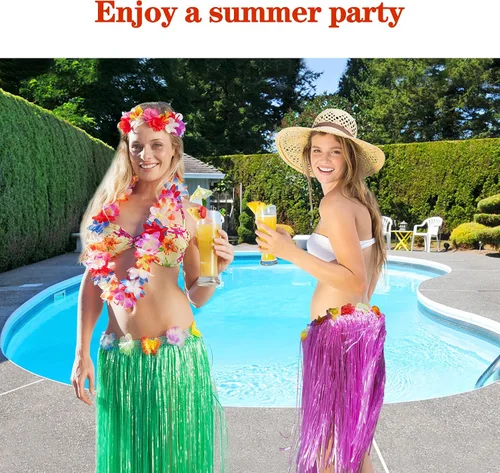 Vista 6 de Falda de hierba hawaiana Luau Hula faldas decoraciones de fiesta, suministros de hierba para adultos, flores elásticas de hibisco, falda tropical
