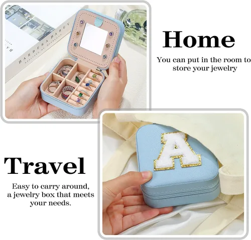 Vista 4 de Parima - Joyero pequeño esencial para viajes, organizador de joyerìa, regalo de hija para mamá, azul cielo, letra T