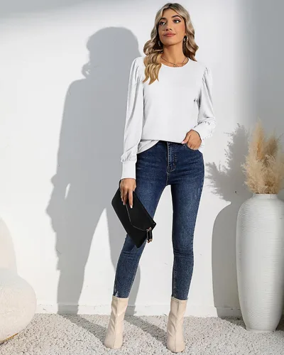 Vista 7 de Riyiper 2 piezas de camisetas de manga larga abombadas para mujer, estilo casual, holgadas, cuello redondo, puños con botón