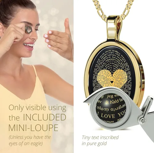 Vista 6 de Love Jewelry Set I Love You Necklace in 120 Languages Pure Gold Inscribed in Miniature Text on Onyx Valentines Day Gift Pendant and Black Crystal