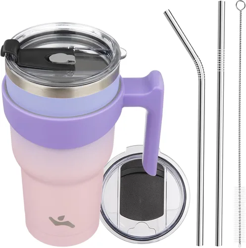 Vista 51 de Konokyo - Vaso de 10 onzas con asa y 2 popotes, 2 tapas, botella de agua aislada de acero inoxidable, taza de viaje reutilizable, color verde militar