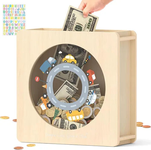 Vista 15 de Summidate Caja de ahorro de dinero de madera, caja de ahorro de ventana transparente con calcomanías de bricolaje, alcancía de oso personalizada