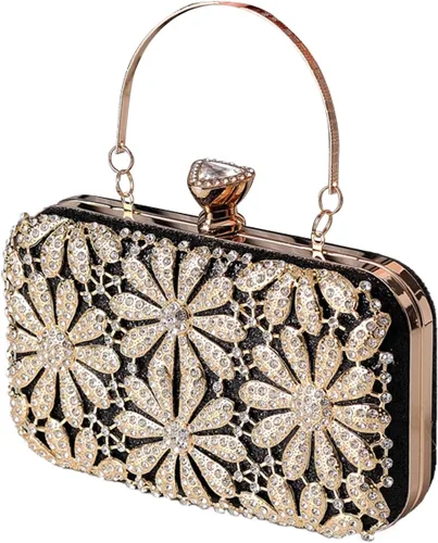 Vista 7 de Bolso de noche con flores de diamantes de imitación para mujer, monedero de lentejuelas brillantes, bolso de mano de cristal, bolso de hombro