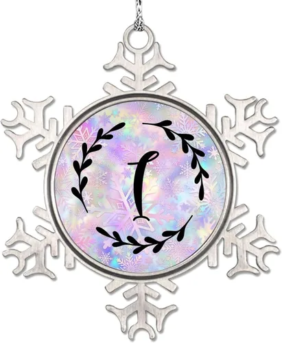 Vista 16 de Adorno de copo de nieve de letra A con inicial de copo de nieve, corona negra, adorno con monograma para decoración de árbol de Navidad, adornos