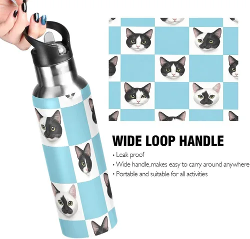 Vista 4 de Insulated Stainless Steel Water Bottle with Straw 32 Oz, BPA-Free Sport Water Bottle Insulated for Gym Outdoor Travel School, Black White Cat