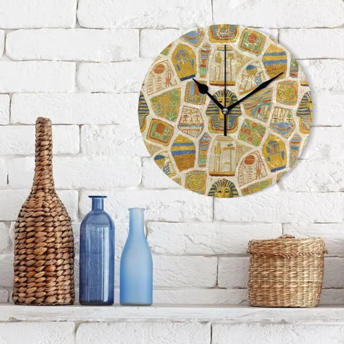 Vista 3 de Pintura de arte beige egipto retro 10 pulgadas redondo niños habitación reloj de pared no tictac moderno para oficina aula comedor reloj para cocina