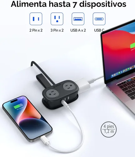 Vista 7 de Regleta de alimentación de viaje, ORICO 4 tomas de corriente 3 puertos USB (1 USB C) con cable de extensión corto envuelto de 4 pies, regleta