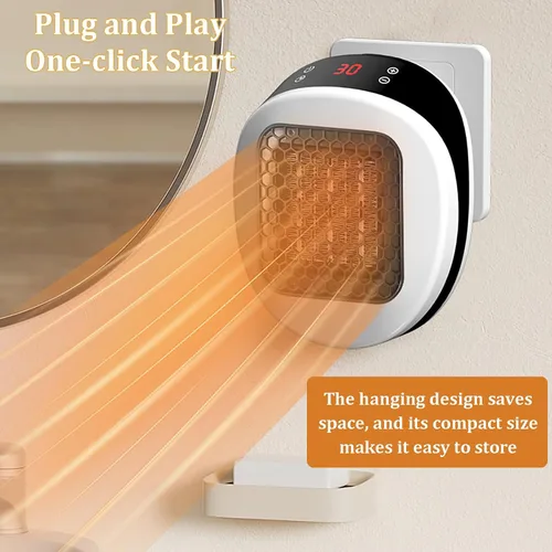 Vista 3 de Calentador de espacio pequeño de 600 W, mini calentador de pared remoto, temporizador de 12 horas, pantalla LED y apagado automático de seguridad