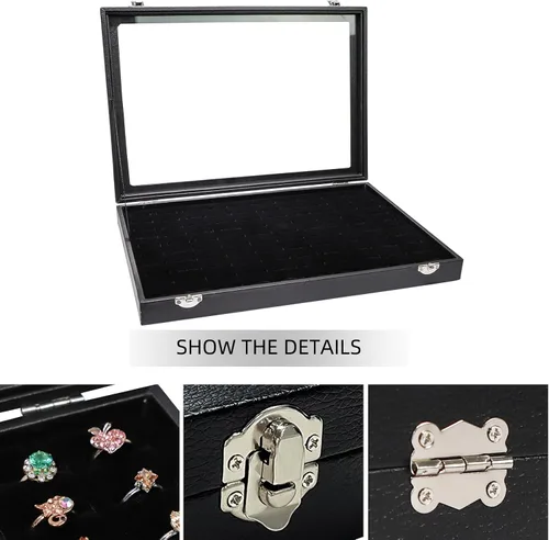 Vista 4 de Wuligirl - Bandeja organizadora de anillos con 100 ranuras y tapa transparente, organizador apilable de joyas como aretes, collares y anillos