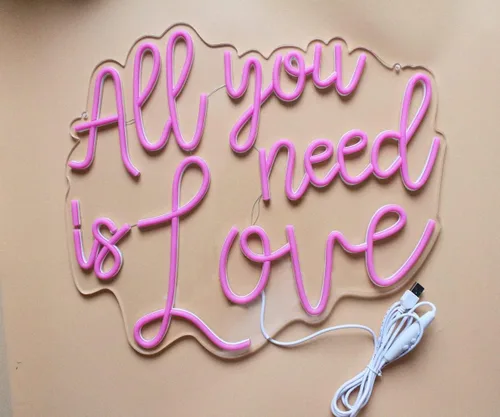 Vista 2 de Letrero de neón rosa con texto en inglés "All you need is love" para boda, letrero de luz LED de neón para dormitorio, fiesta de cumpleaños Todo lo