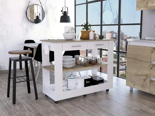 Vista 5 de FM FURNITURE Brooklyn 80 Isla de cocina con acento de roble claro, con estantes y cajones