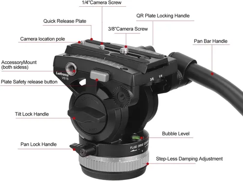 Vista 7 de Cabeza fluida de 2.953 in Base de trípode con mango Placa de liberación rápida resistente para cabezal de video Manfrotto, carga de hasta 33 libras
