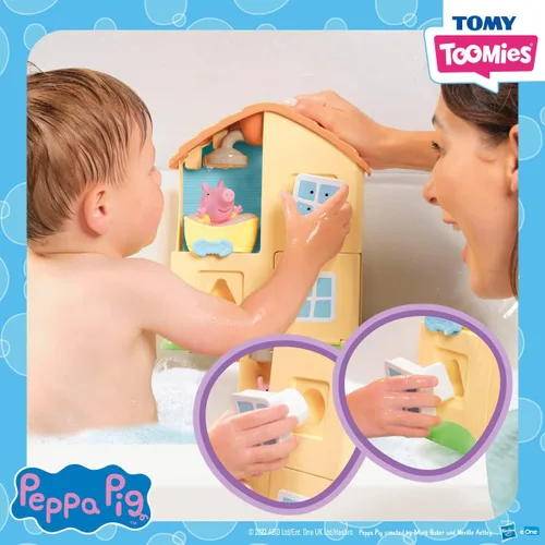 Vista 5 de TOMY Toomies Peppa Pig House Set de Juguetes de Baño – Centro de Actividades para Bañera de Niños Pequeños con Ventosa – Juguetes de Baño para Bebés
