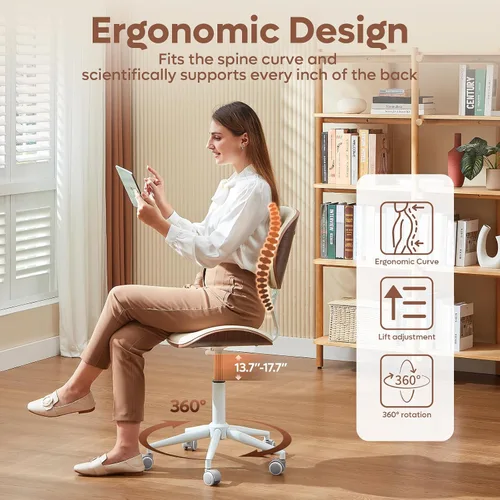 Vista 4 de Bestier Silla de oficina en casa con soporte de respaldo de madera curvada, silla de escritorio sin brazos con giro de 360°, silla de computadora