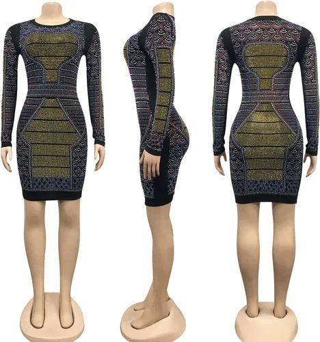 Vista 5 de PORRCEY - Vestido de noche sexy con manga larga y diamantes de imitación para mujer, fiestas y discotecas