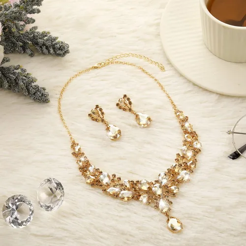 Vista 3 de Hicarer Conjunto de joyas de cristal en forma de lágrima nupcial para mujer, collar, aretes, boda