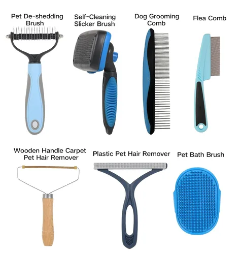 Vista 2 de Herramienta de deshedding para mascotas 7 en 1, juego de cepillos de aseo para perros, combo de cepillos para perros Cepillo de eliminación