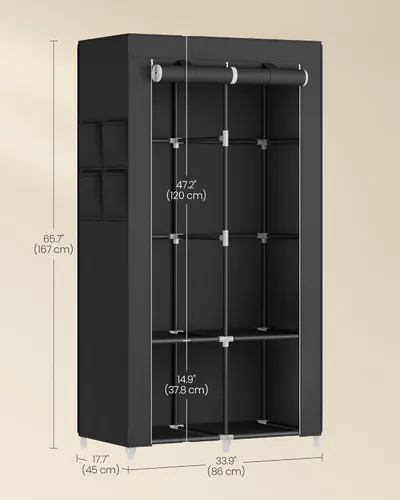 Vista 6 de SONGMICS Armario portátil, Organizador de armario con cubierta, 2 barras para colgar y estantes, 4 bolsillos laterales, 33.9 x 17.7 x 65.7 pulgadas