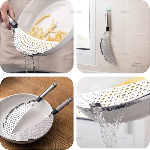 Vista 5 de AUEAR, Colador de pasta de mano de acero inoxidable para diferentes herramientas de cocina de olla y sartén (1 paquete, con asa)