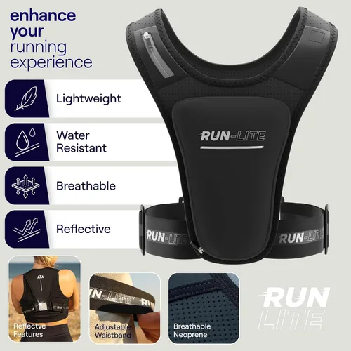 Vista 3 de Chaleco para correr con soporte para teléfono y bolsa impermeable – Cinturón ajustable para pecho de 28 a 44 pulgadas – Equipo reflectante con 2