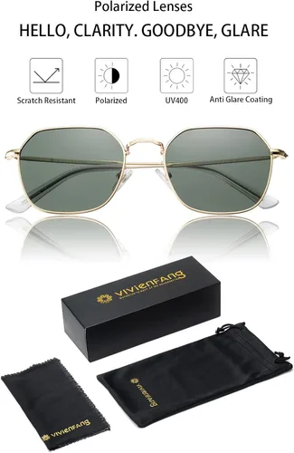 Vista 4 de VIVIENFANG Gafas de sol cuadradas hexagonales polarizadas para mujeres y hombres, moderno 2023 con polígono geométrico dorado con borde de metal
