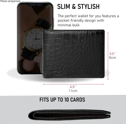 Vista 2 de HATA Billetera de piel plegable de cocodrilo para hombre, con bloqueo RFID, hecha a mano para papá, marido, hijo, profesor