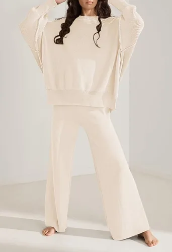 Vista 2 de AOHITE Conjunto de 2 piezas para mujer, suéter de punto acogedor y pantalones de pierna ancha