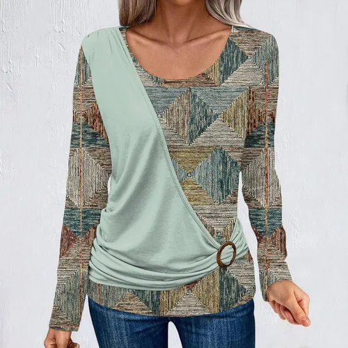 Vista 2 de Camisas de manga larga para mujer, cuello redondo, suave, básica, estampada, blusas holgadas, blusas casuales tipo túnica