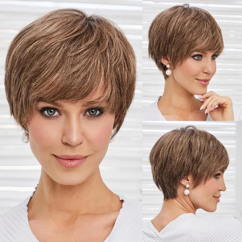 Vista 18 de HAIRCUBE Pelucas rubias de corte Pixie para mujer, estilo ondulado natural, peluca de encaje sintético resistente al calor con parte superior