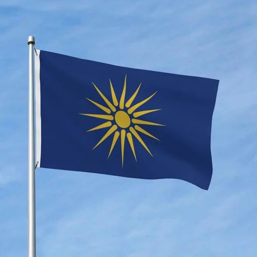 Vista 2 de Bandera de Macedonia griega de doble cara de poliéster de 3 x 5 pies, azul, blanco, amarillo, resistente a los rayos UV, resistente a
