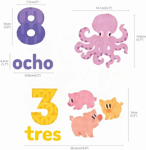 Vista 7 de DECOWALL Calcomanías de pared con números en español inglés del 1 al 10 para niños (DS-2020ES) Decoración extraíble bilingüe con coloridos