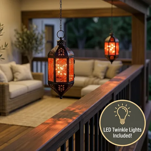 Vista 3 de Vela Lanterns Farol marroquí colgante con luces LED parpadeantes, decoración exótica decorativa de patio y porche, portavelas para interiores y Ámbar