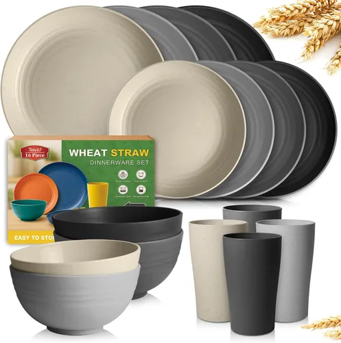 Vista 8 de Teivio Juego de vajilla de plástico de paja de trigo de 16 piezas, servicio para 4, platos de cena, plato de postre, tazones para cereales, tazas