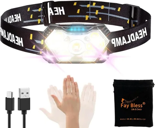 Vista 10 de Fay Bless USB tipo C recargable LED sensor faro con ángulo ajustable (HeadlampBand-JP-Negro 2PCS)