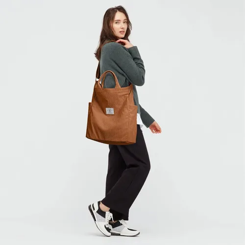 Vista 2 de KALIDI Bolso de mano de pana, bolso grande tipo mensajero para hombro, antisalpicaduras, bolsa cruzada con cremallera, casual, trabajo, compras