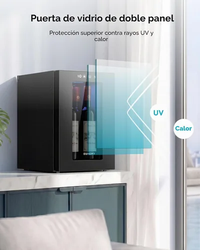 Vista 6 de EUHOMY Nevera de vino independiente de 18 litros, mini nevera para 4 botellas y 6 latas para vino tinto y blanco, bodega con pantalla digital LED